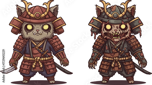 Cute cat samurai warrior character, zombie feline fighter, cartoon animal in armor, scary undead cat samurai, Halloween monster artwork illustration