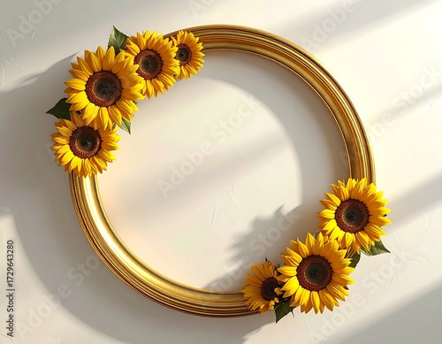 Sunflowers Decorating Golden Circle Frame on White Background