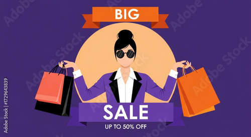 fashion shopping girl. woman with shopping bags vector. Trendy woman celebrating a big sale, carrying shopping bags with discounts up to 50% off. Shopping banner vector. Big sale banner.