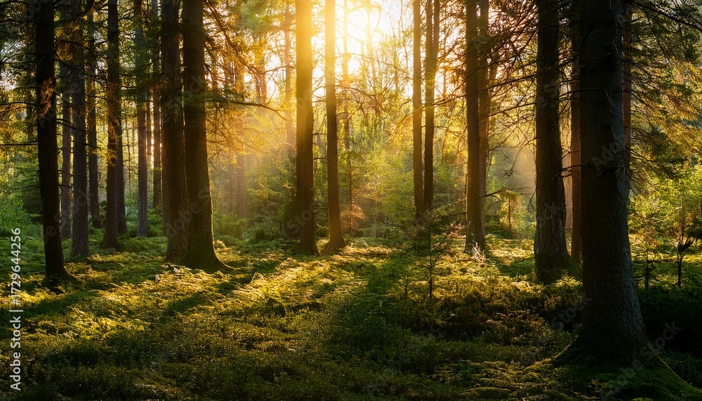 Fototapeta premium Serene Forest Scene With Golden Light And Peaceful Atmosphere
