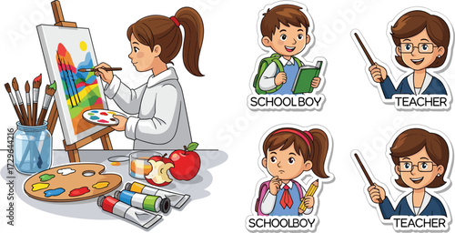 Girl painting on canvas, schoolboy studying, teacher teaching, classroom learning, art creativity, education concept, children knowledge, colorful illustration design