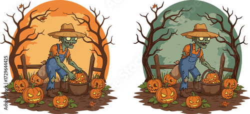 Halloween zombie farmer illustration, spooky pumpkin harvest night, creepy undead scarecrow artwork, scary jack o lanterns, autumn horror design background, vector