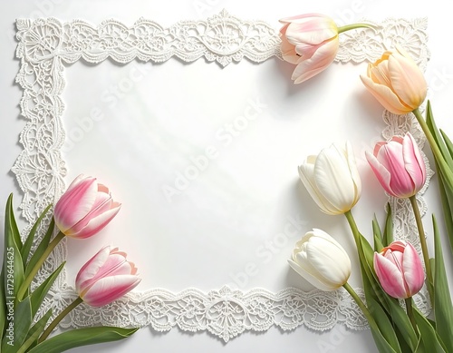 Tulips and Lace Frame with Blank Space for Invitations and Greetings