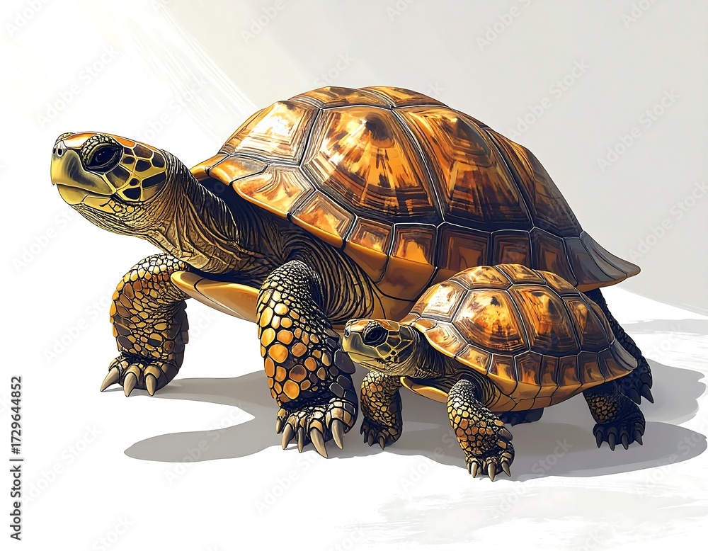 Obraz premium Two Tortoises Walking Together on White Background