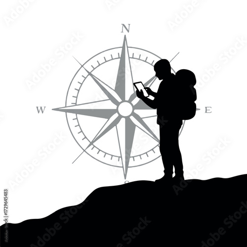 A lone black silhouette hiker on a vibrant hilltop checks a smartphone map, with a compass rose background, in a clean 2D vector symbolizing outdoor adventure.