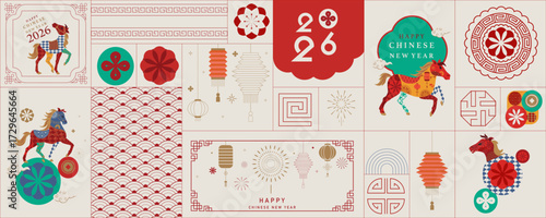2026 Chinese new year festival with geometric year of the horse background.vector illustration for website banner and social media template