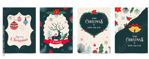 Cute christmas postcard with reindeer, heart wreath, ribbon,bell.vector illustration for kid card invitation and new year design