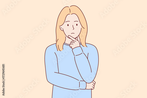 Thoughtful Young Girl with Uncertain Expression Vector Illustration