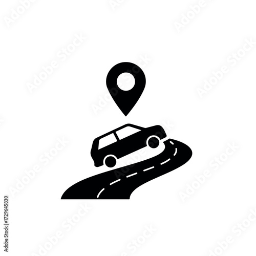A black car silhouette navigates a winding road with a GPS pin icon overhead, depicting modern navigation and journey planning in a vibrant 2D flat vector illustration on a white background.