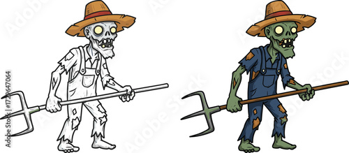 Scary zombie farmer with pitchfork, creepy undead character, spooky cartoon monster, horror illustration, frightening ghoul artwork, evil halloween walking dead creature