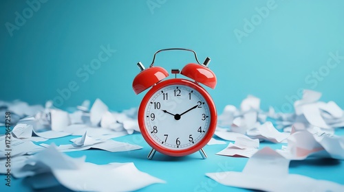 Red alarm clock surrounded by crumpled paper on a blue background, symbolizing time management and deadlines