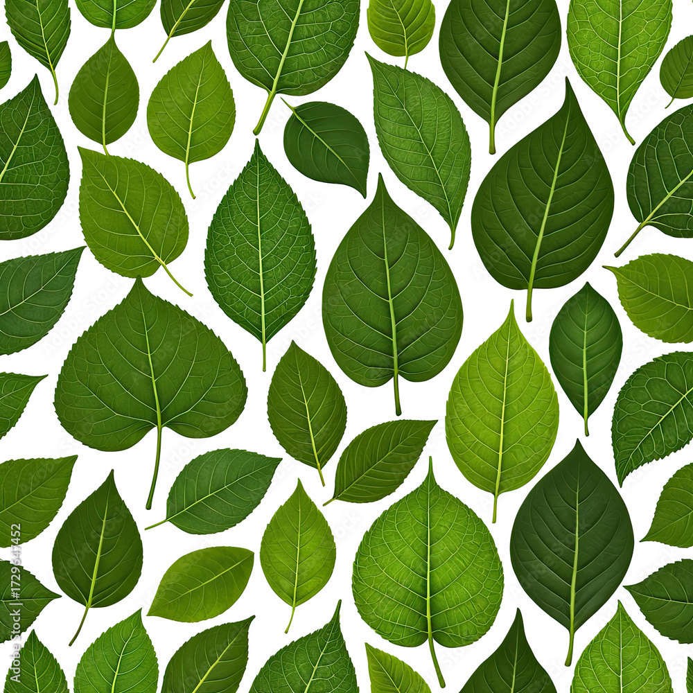 Obraz premium Pattern of detailed green leaves on black background. Various sizes, leaf shapes and textures