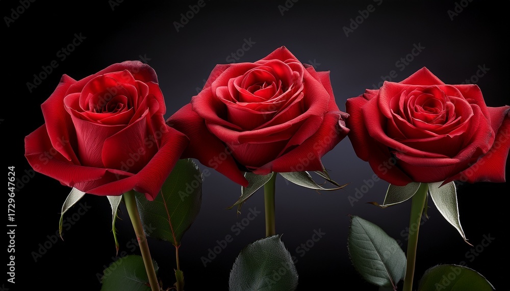 Fototapeta premium Three Red Roses On A Black Background