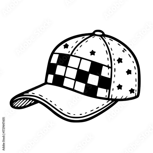Cap outline checker pattern doodle illustration design