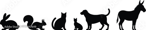 Animal silhouettes, rabbit, squirrel, cat, kitten, dog, donkey, black shapes, pet icons, wildlife, domestic animals, flat vector illustration