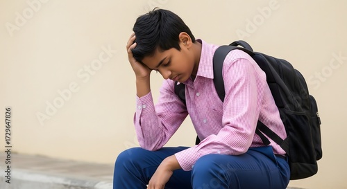 Sad Indian schoolboy sitting with backpack, looking stressed and upset after school, symbolizing student pressure, exam stress, academic challenges, and emotional struggles