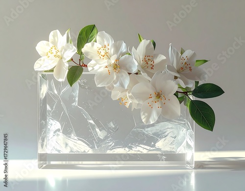 White Flowers Arranged in a Glass Vase with Green Leaves