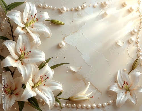 White Lily Flowers with Pearls on Textured Background for Floral Designs