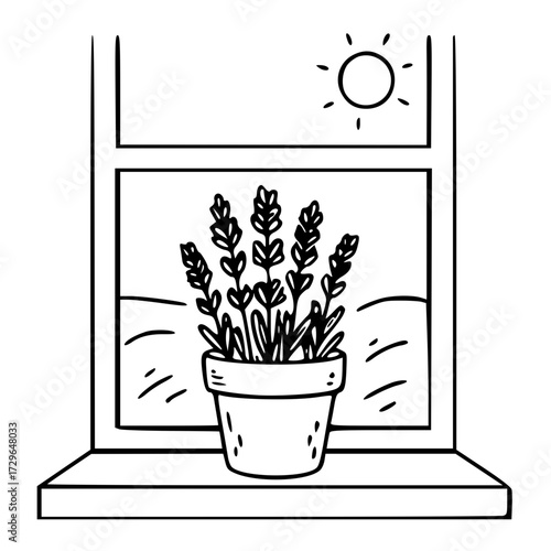 Lavender potted plant on windowsill illustration