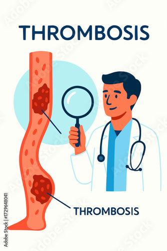 A flat vector illustration of a doctor analyzing a thrombosis clot in a blood vessel, depicted in a modern, flat medical style