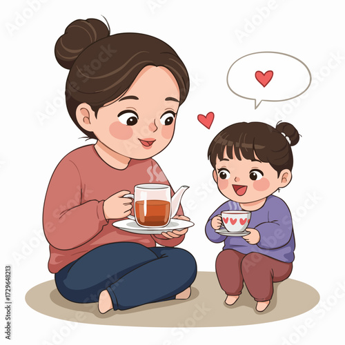 Charming Cartoon Style Mother and Child Enjoying Tea Together Illustration