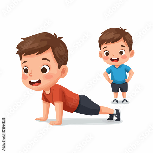 Cute Cartoon Style Boy Doing Push Up Exercise Illustration