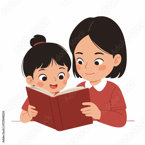 Cartoon Style Illustration Mother Reads Book to Child Bonding Moment