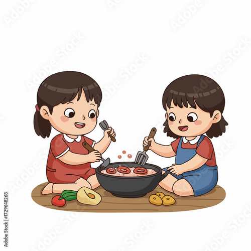 Cute Cartoon Two Girls Cooking Together with Pot Illustration