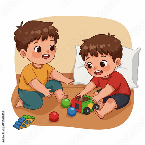 Cartoon Style Cheerful Young Boys Playing Toys Together Illustration