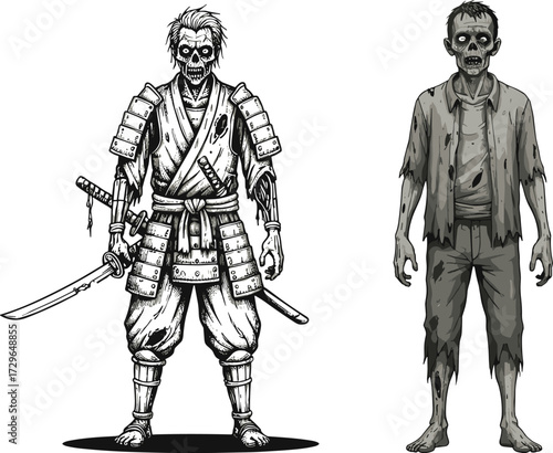 Scary zombie samurai warrior, creepy undead fighter, horror zombie character, gothic skeleton swordsman, spooky monster soldier, frightening undead design, dark scary illustration