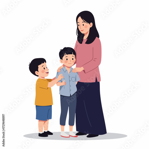 Flat Illustration of Mother with Two Sons Affectionate Family Moment