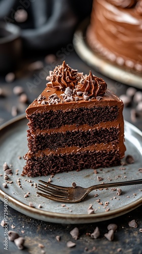 Decadent slice of chocolate fudge cake with rich frosting and toppings on a plate