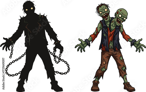 Scary zombie with chains, creepy two headed monster, spooky undead character, horror cartoon artwork, frightening ghoul illustration, evil halloween walking dead