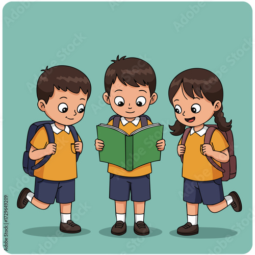 Cartoon Illustration Group of Children Reading Book in Outdoor Education