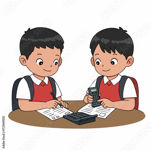 Cartoon Illustration of Two Schoolboy Doing Math at Desk Illustration