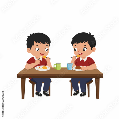 Flat Cartoon Two Cute Little Boys Eating Meal Together Illustration