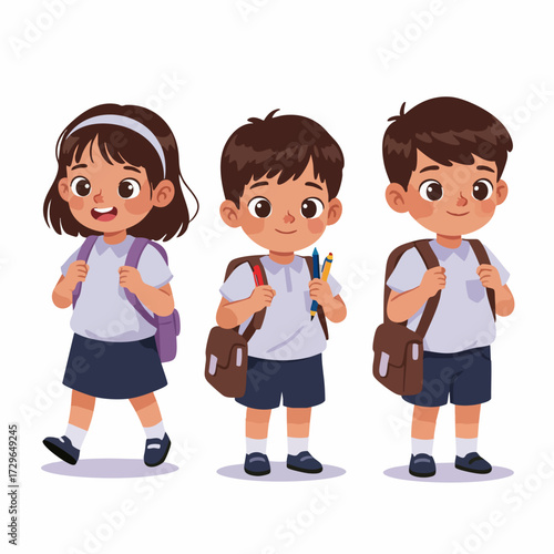Cute Cartoon Illustration of Diverse Elementary School Students with Backpacks