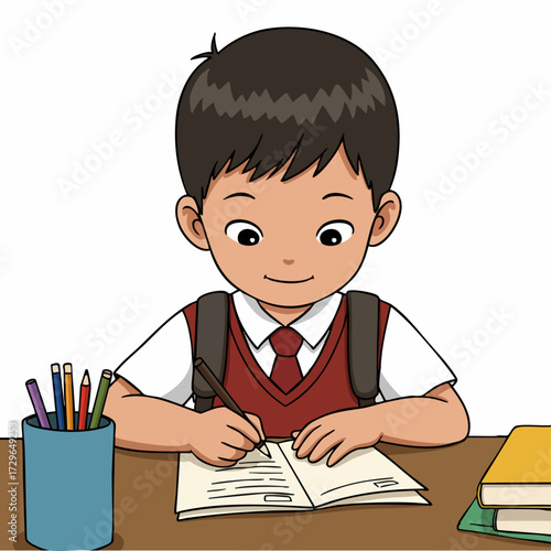 Cartoon Style Young Schoolboy Writing on Desk Illustration Design