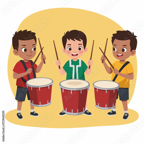 Cartoonish Happy Kids Playing Drum Percussion Instrument Educational Illustration