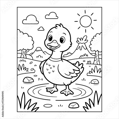 Cute Cartoon Duck Coloring Page Fun Animal Vector for Kids Activities, Duck Coloring Page Vector Printable Farm and Nature Animal Cartoon for Children, Adorable Animal Coloring Page Happy Duck C.