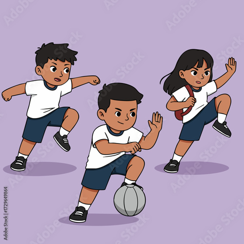 Colorful Cartoon Children Practicing Martial Arts with Sport Equipment Illustration