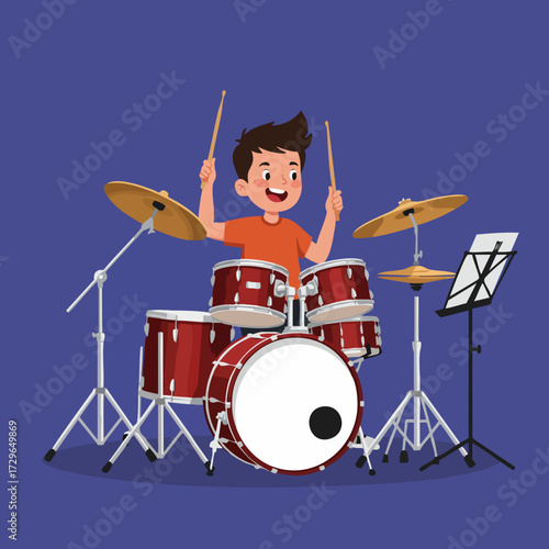 Cartoon Illustration of a Young Boy Playing the Drum Set Musical Instrument