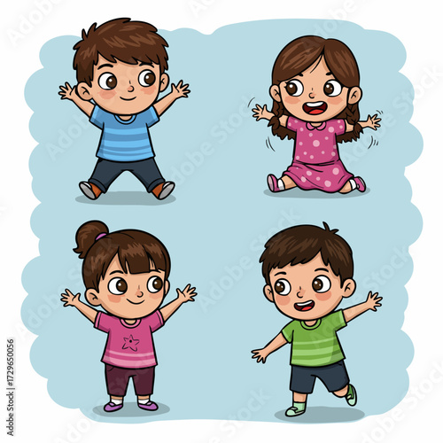 Cartoon Hand Drawn Smiling Kids Playful Poses Group Illustration