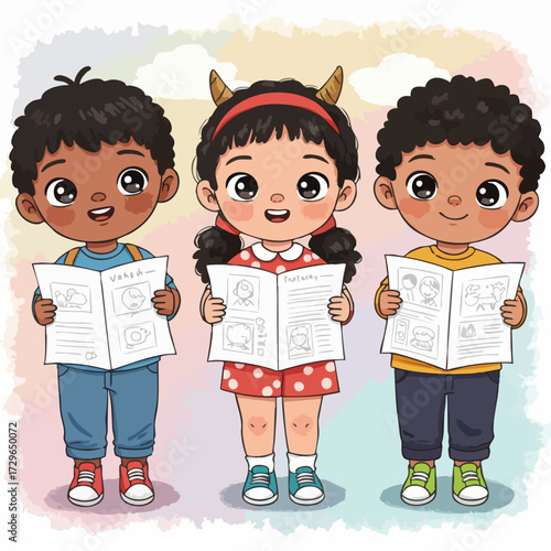 Cartoon Style Cheerful Children Reading Book Educational Concept Illustration
