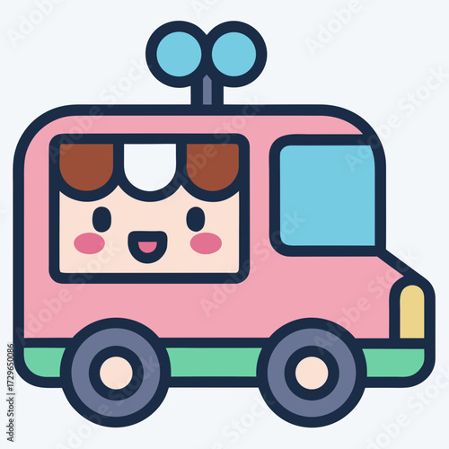 Cheerful ice cream truck icon with smiling character