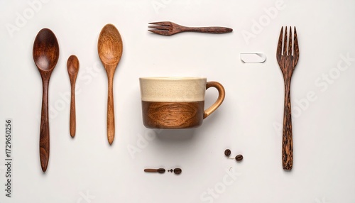 Wooden utensils, cup, & beans flat lay on white background