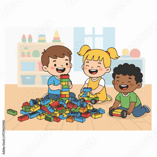 Colorful Handdrawn Cheerful Children Playing with Building Bricks Illustration