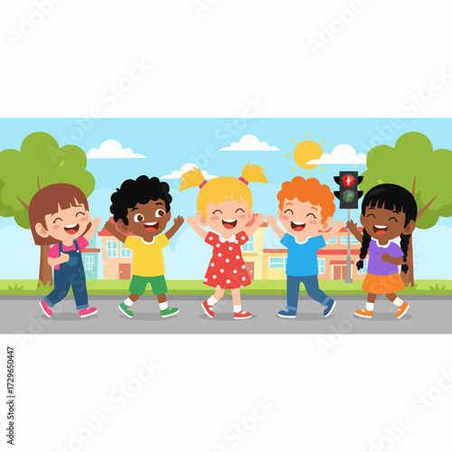 Cheerful Cartoon Illustration of Diverse Children Walking to School Together