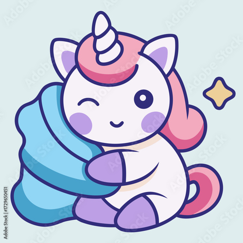 Cute winking baby unicorn hugging a pillow