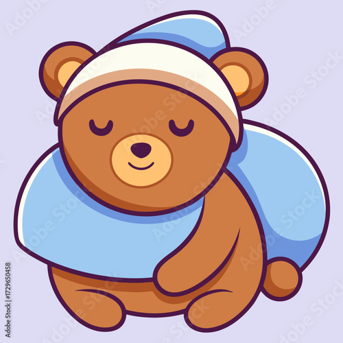 A sleepy brown bear wearing a nightcap in a cartoon style